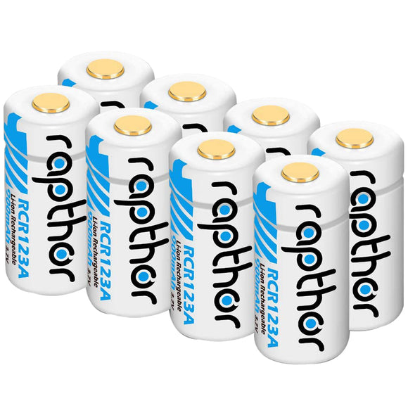 Rapthor RCR123A Battery 900mAh 8 Pack Rechargeable CR123A Lithium Batteries with UL UN Certified for Arlo VMC3030 VMK3200 VMS3230/3330/3430/3530 Wireless Security Camera