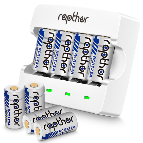 Rapthor RCR123A Rechargeable Batteries 8 Pack 750mAh with Charger for Arlo VMC3030 VMK3200 VMS3230 3330 3430 3530 Wireless Security Cameras Flashlight Smart Sensor
