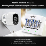 Rapthor RCR123A Rechargeable Batteries 8 Pack 750mAh with Charger for Arlo VMC3030 VMK3200 VMS3230 3330 3430 3530 Wireless Security Cameras Flashlight Smart Sensor