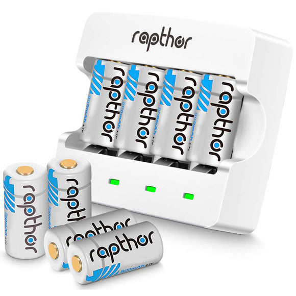 Rapthor RCR123A Rechargeable Batteries 8 Pack 900mAh with Charger for Arlo VMC3030 VMK3200 VMS3230 3330 3430 3530 Wireless Security Cameras Flashlight Smart Sensor