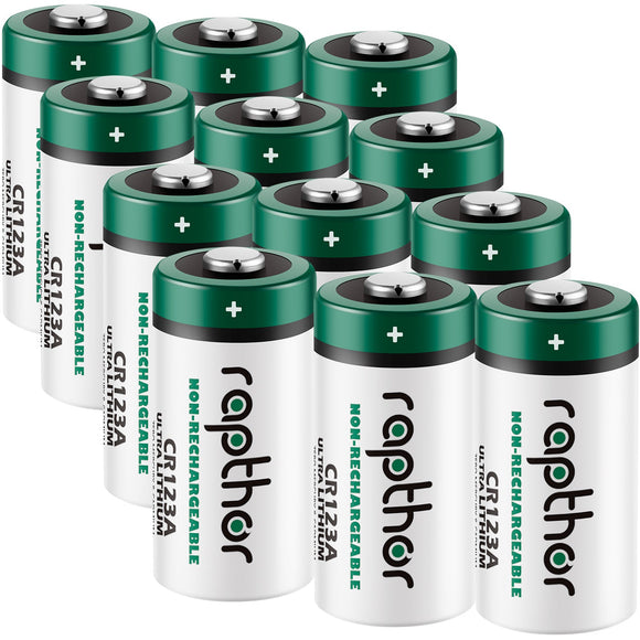 Rapthor 12 Pack CR123A Lithium Batteries 3V 1650mAh High Power Photo Battery PTC Protected for Flashlight Smart Sensors(Non-Rechargeable, Not for Arlo)