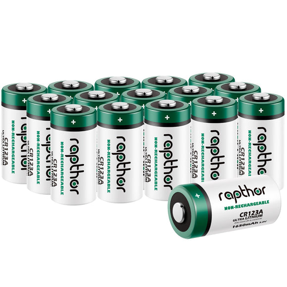 Rapthor 16 Pack CR123A Lithium Batteries 3V 1650mAh High Power Photo Battery PTC Protected for Flashlight Smart Sensors(Non-Rechargeable, Not for Arlo)