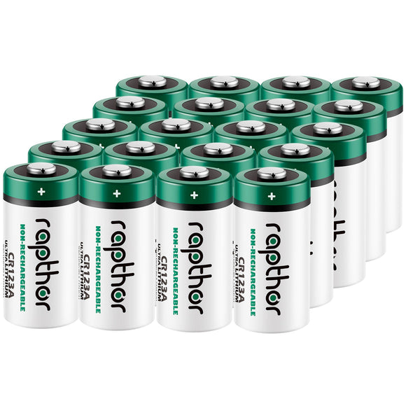 Rapthor 20 Pack CR123A Lithium Batteries 3V 1650mAh High Power Photo Battery PTC Protected for Flashlight Smart Sensors(Non-Rechargeable, Not for Arlo)