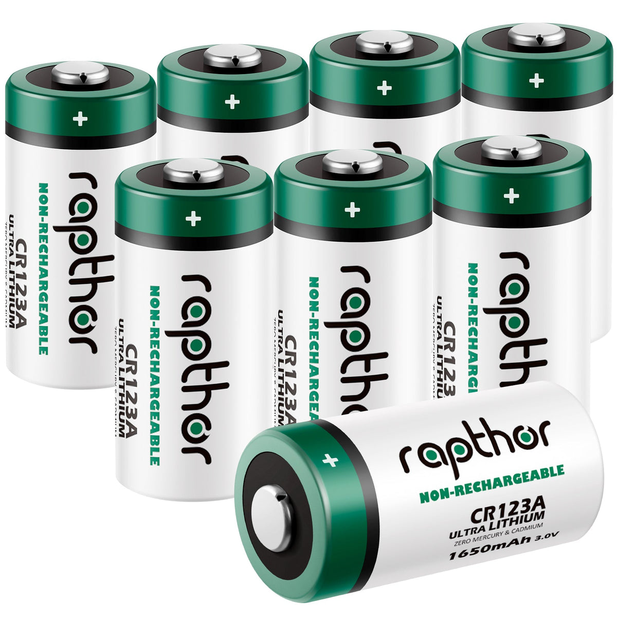 Rapthor 8 Pack CR123A Lithium Batteries 3V 1650mAh High Power