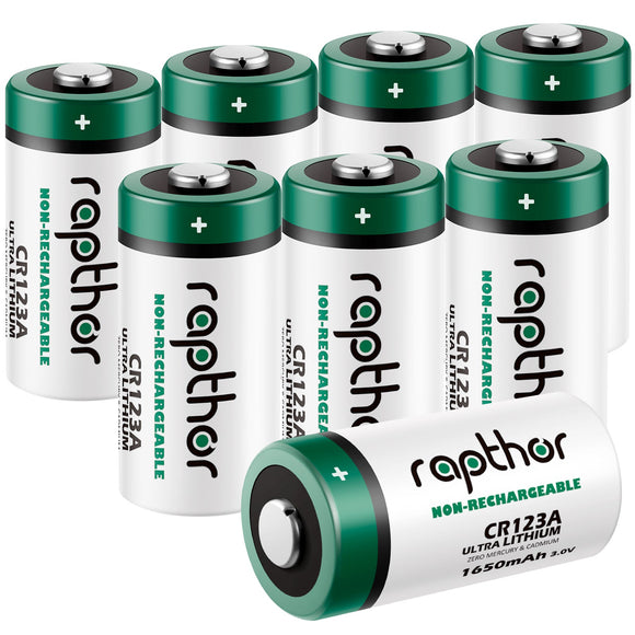 Rapthor 8 Pack CR123A Lithium Batteries 3V 1650mAh High Power Photo Battery PTC Protected for Flashlight Smart Sensors(Non-Rechargeable, Not for Arlo)