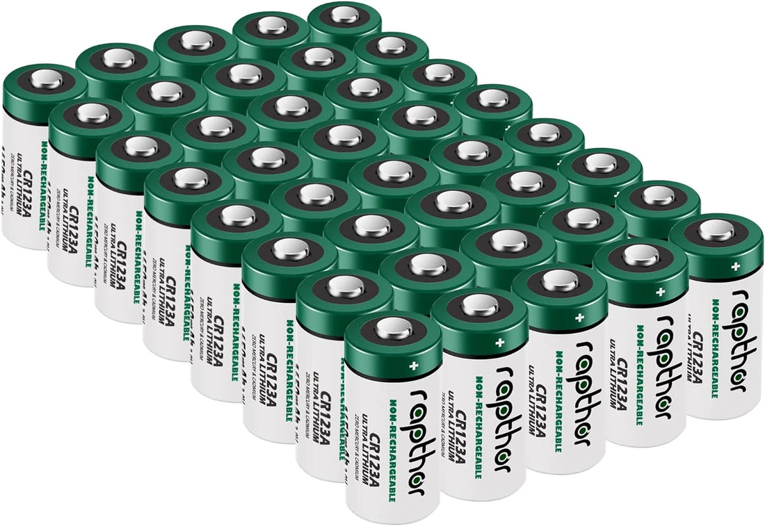 rapthor CR123A Lithium Batteries Packs 1650mAh High Power UL Certified 3V Non-Rechargeable Bulk Batteries with Built-in PTC for Flashlight Toys Alarm System Microphones(40pack)