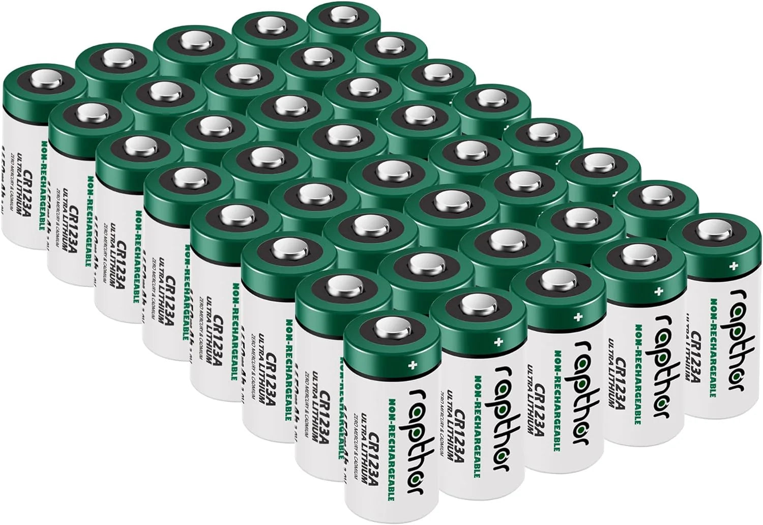 rapthor CR123A Lithium Batteries Packs 1650mAh High Power UL Certified 3V Non-Rechargeable Bulk Batteries with Built-in PTC for Flashlight Toys Alarm System Microphones(40pack)