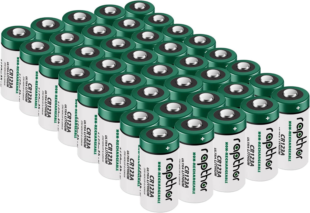rapthor CR123A Lithium Batteries Packs 1650mAh High Power UL Certified 3V Non-Rechargeable Bulk Batteries with Built-in PTC for Flashlight Toys Alarm System Microphones(40pack)