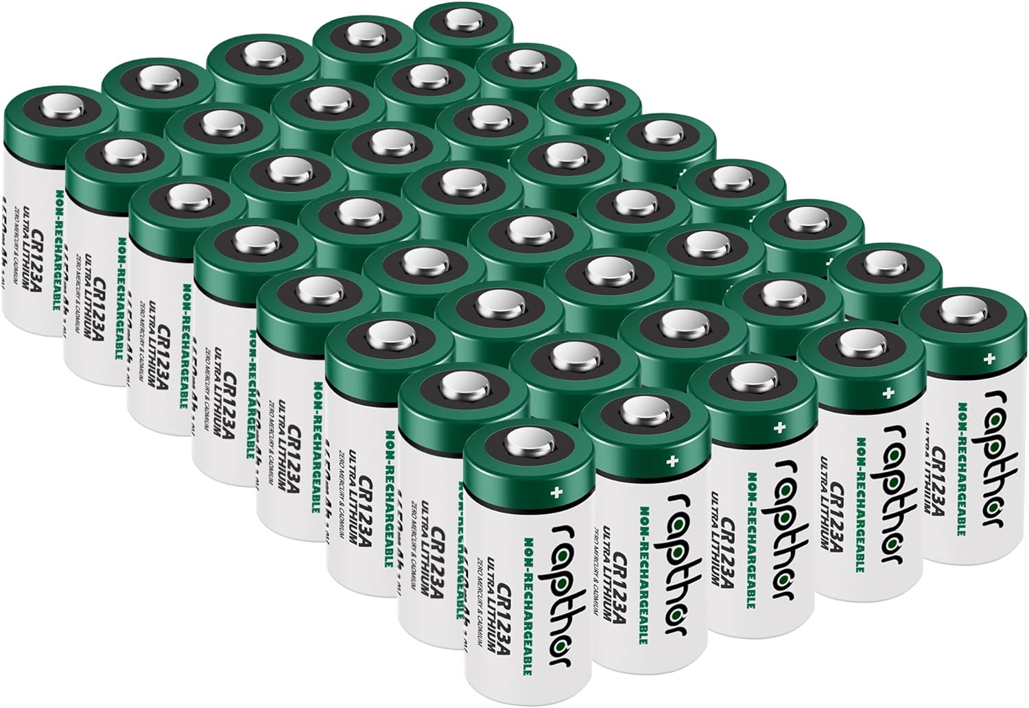 rapthor CR123A Lithium Batteries Packs 1650mAh High Power UL Certified 3V Non-Rechargeable Bulk Batteries with Built-in PTC for Flashlight Toys Alarm System Microphones(40pack)