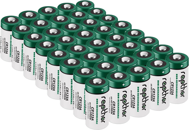 rapthor CR123A Lithium Batteries Packs 1650mAh High Power UL Certified 3V Non-Rechargeable Bulk Batteries with Built-in PTC for Flashlight Toys Alarm System Microphones(40pack)