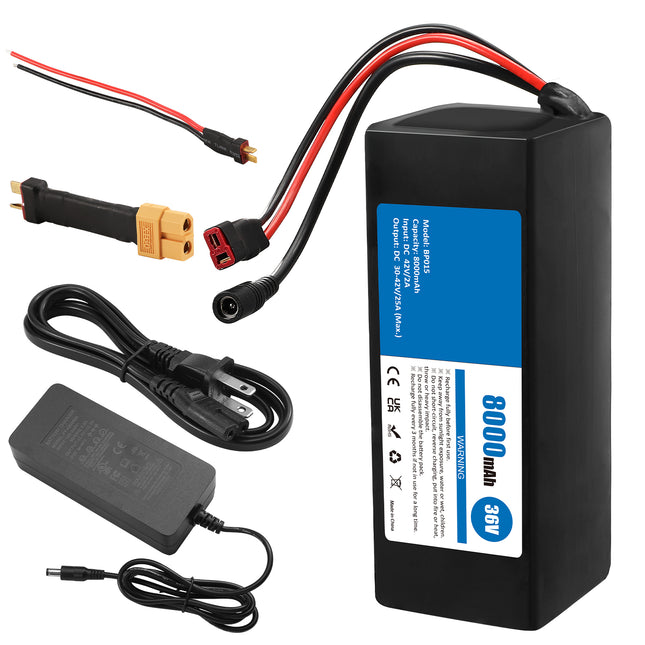 36V 8Ah Lithium-ion Battery Pack for Ebikes & Scooters with 42V 2A Adapter, 25A BMS, Waterproof Design for 100-600W Systems