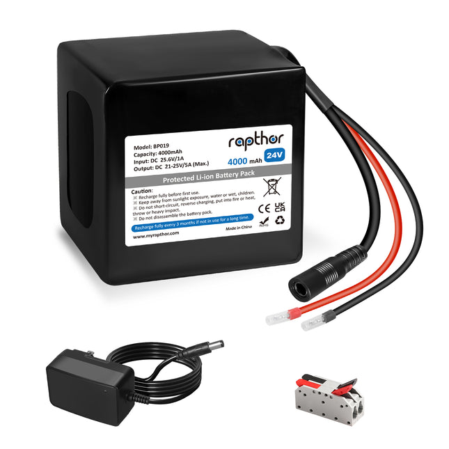 Rapthor 24V 4000mAh Lithium Ion Battery Pack with Charger, Rechargeable 24V Replacement Battery with Built-in BMS Protection for DIY Projects, LED Lights (BP019)