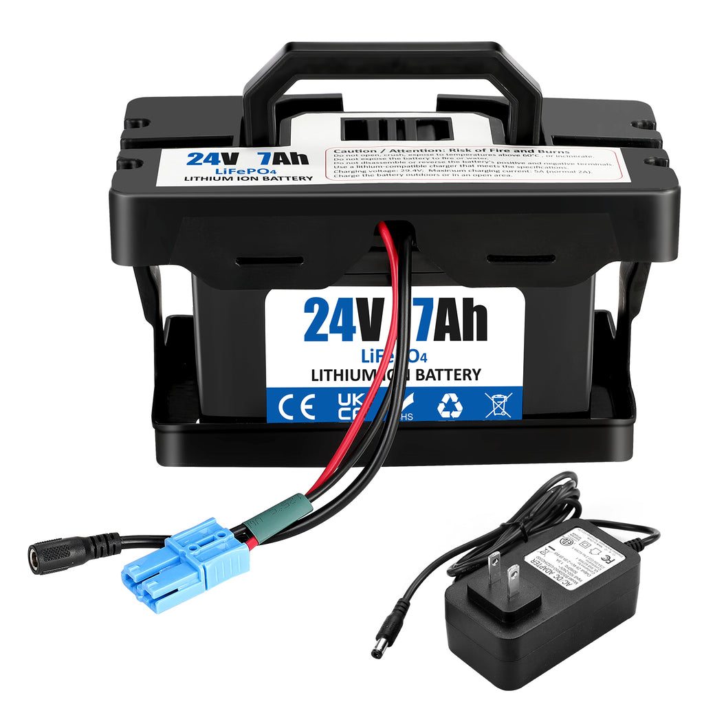 24V 7Ah LiFePO4 Deep Cycle Rechargeable Battery with 2A Fast Charger, Long-Lasting Power for Ride-On Cars and Dynacraft Realtree UTVs
