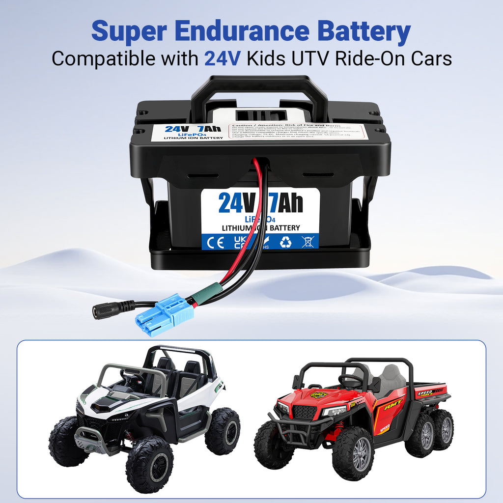 24V 7Ah LiFePO4 Deep Cycle Rechargeable Battery with 2A Fast Charger, Long-Lasting Power for Ride-On Cars and Dynacraft Realtree UTVs