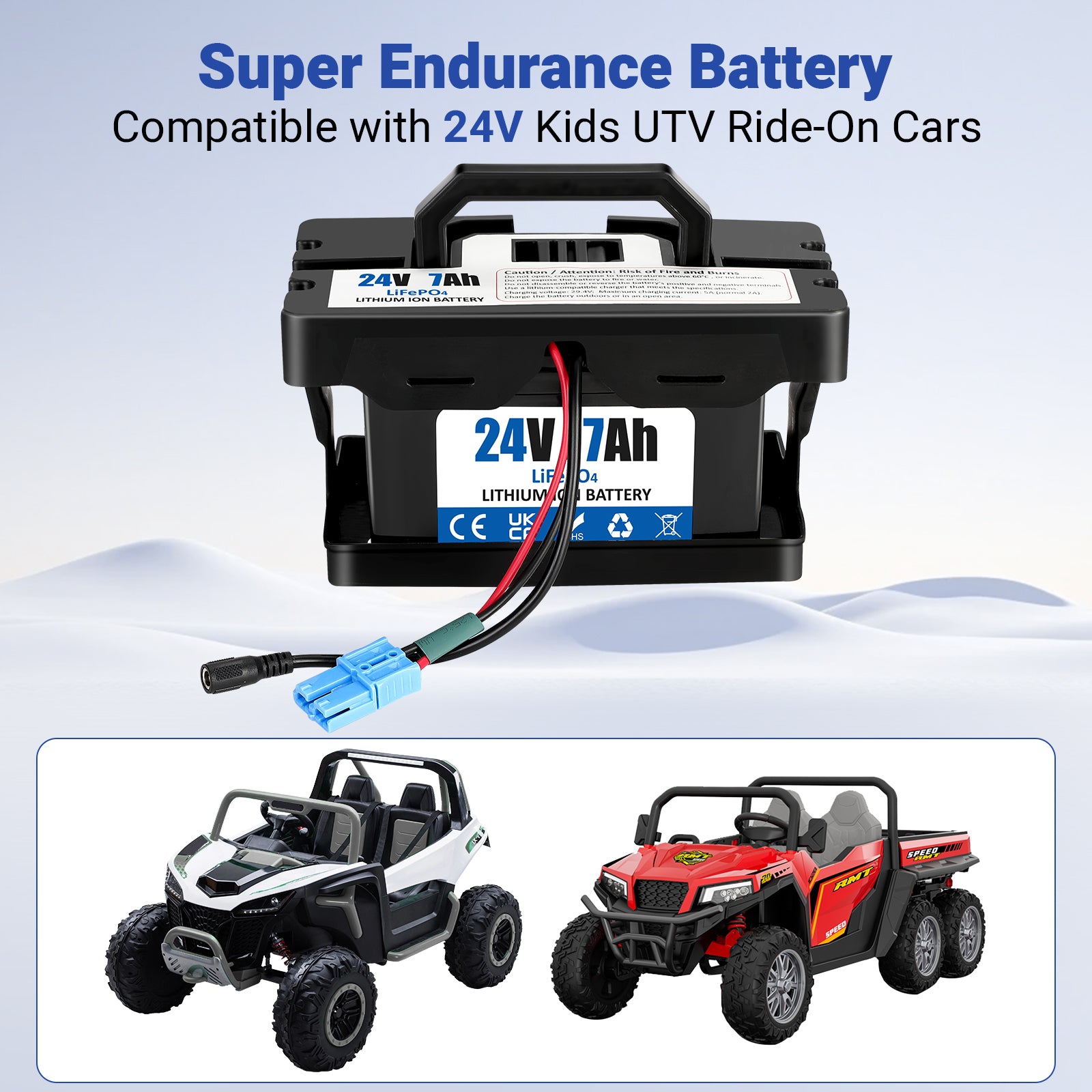 24V 7Ah LiFePO4 Deep Cycle Rechargeable Battery with 2A Fast Charger, Long-Lasting Power for Ride-On Cars and Dynacraft Realtree UTVs