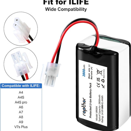 Replacement Battery for ILIFE A4S Robot 2800mAh, Compatible with A4, A4S pro, A6, A7, A9, A10, V3x, Compatible with V7, V7s Plus, V7 PRO, W400, W400s, W450 Robot Vacuum Cleaners,14.8V/41.44Wh(1PCS)