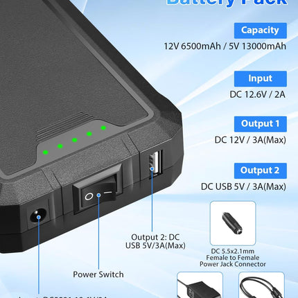 Rapthor Rechargeable 12V 6500mAh / 5V 13000mAh DC Battery Pack with Charger for Heated Jacket, LED Strip Lights, Smart Phones, Tablets, CCTV Camera (Model: BP005)