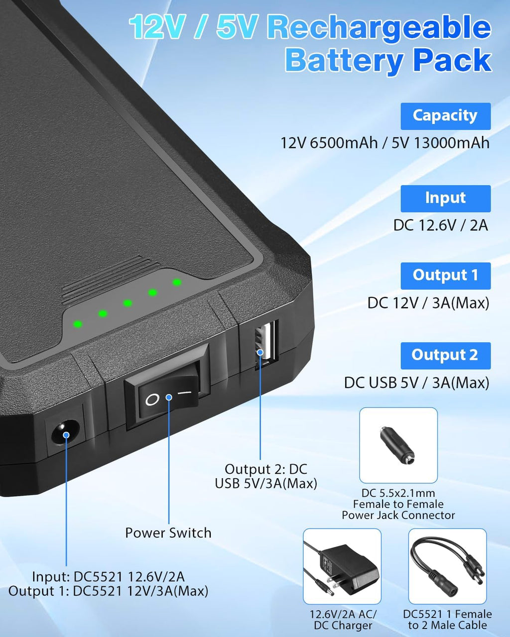 Rapthor Rechargeable 12V 6500mAh / 5V 13000mAh DC Battery Pack with Charger for Heated Jacket, LED Strip Lights, Smart Phones, Tablets, CCTV Camera (Model: BP005)