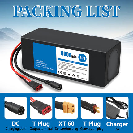 36V 8Ah Lithium-ion Battery Pack for Ebikes & Scooters with 42V 2A Adapter, 25A BMS, Waterproof Design for 100-600W Systems
