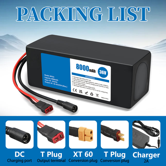 36V 8Ah Lithium-ion Battery Pack for Ebikes & Scooters with 42V 2A Adapter, 25A BMS, Waterproof Design for 100-600W Systems