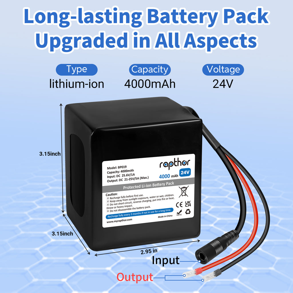 Rapthor 24V 4000mAh Lithium Ion Battery Pack with Charger, Rechargeable 24V Replacement Battery with Built-in BMS Protection for DIY Projects, LED Lights (BP019)
