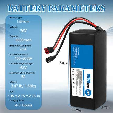 36V 8Ah Lithium-ion Battery Pack for Ebikes & Scooters with 42V 2A Adapter, 25A BMS, Waterproof Design for 100-600W Systems