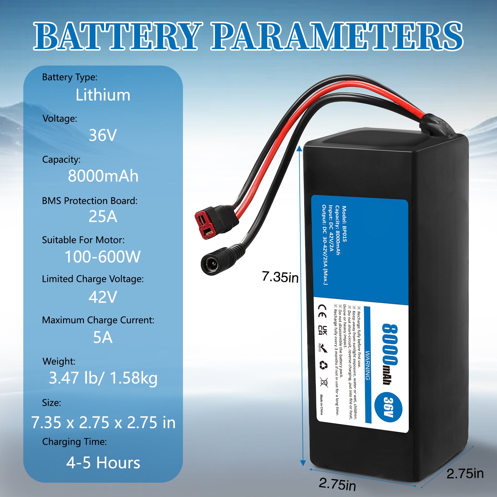 36V 8Ah Lithium-ion Battery Pack for Ebikes & Scooters with 42V 2A Adapter, 25A BMS, Waterproof Design for 100-600W Systems