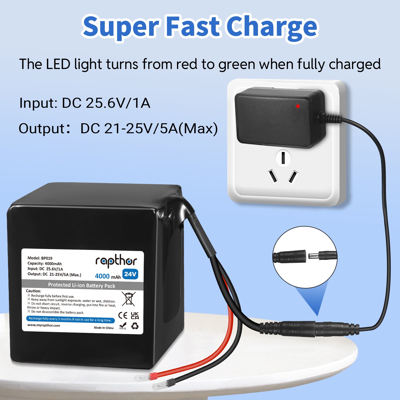 Rapthor 24V 4000mAh Lithium Ion Battery Pack with Charger, Rechargeable 24V Replacement Battery with Built-in BMS Protection for DIY Projects, LED Lights (BP019)
