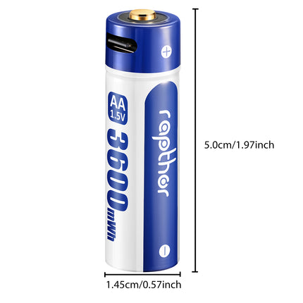 Rapthor 3600mWh USB-C Rechargeable AA Batteries (4-Pack) - Charge Faster, Last Longer
