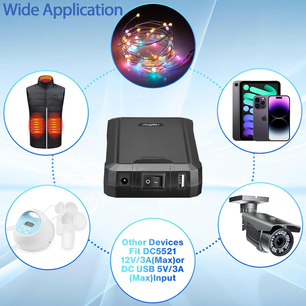 Rapthor Rechargeable 12V 6500mAh / 5V 13000mAh DC Battery Pack with Charger for Heated Jacket, LED Strip Lights, Smart Phones, Tablets, CCTV Camera (Model: BP005)
