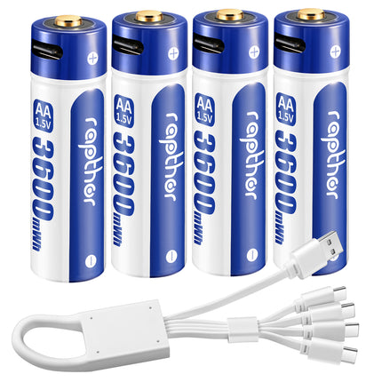 Rapthor 3600mWh USB-C Rechargeable AA Batteries (4-Pack) - Charge Faster, Last Longer