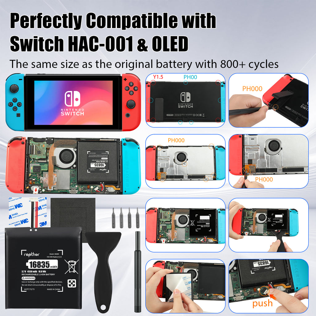 Rapthor HAC-003 Replacement Battery Compatible with Nintendo Switch Console HAC-001, 3.7V 16835mWh High Capacity with Installation Tools Kit