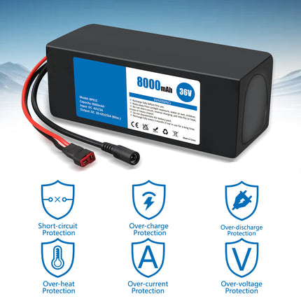 36V 8Ah Lithium-ion Battery Pack for Ebikes & Scooters with 42V 2A Adapter, 25A BMS, Waterproof Design for 100-600W Systems