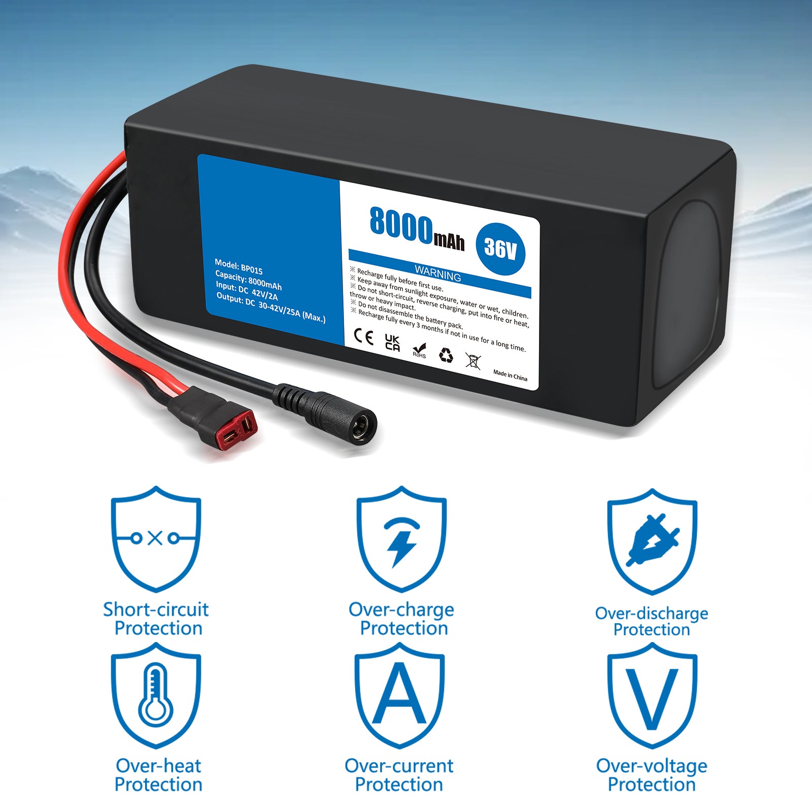 36V 8Ah Lithium-ion Battery Pack for Ebikes & Scooters with 42V 2A Adapter, 25A BMS, Waterproof Design for 100-600W Systems