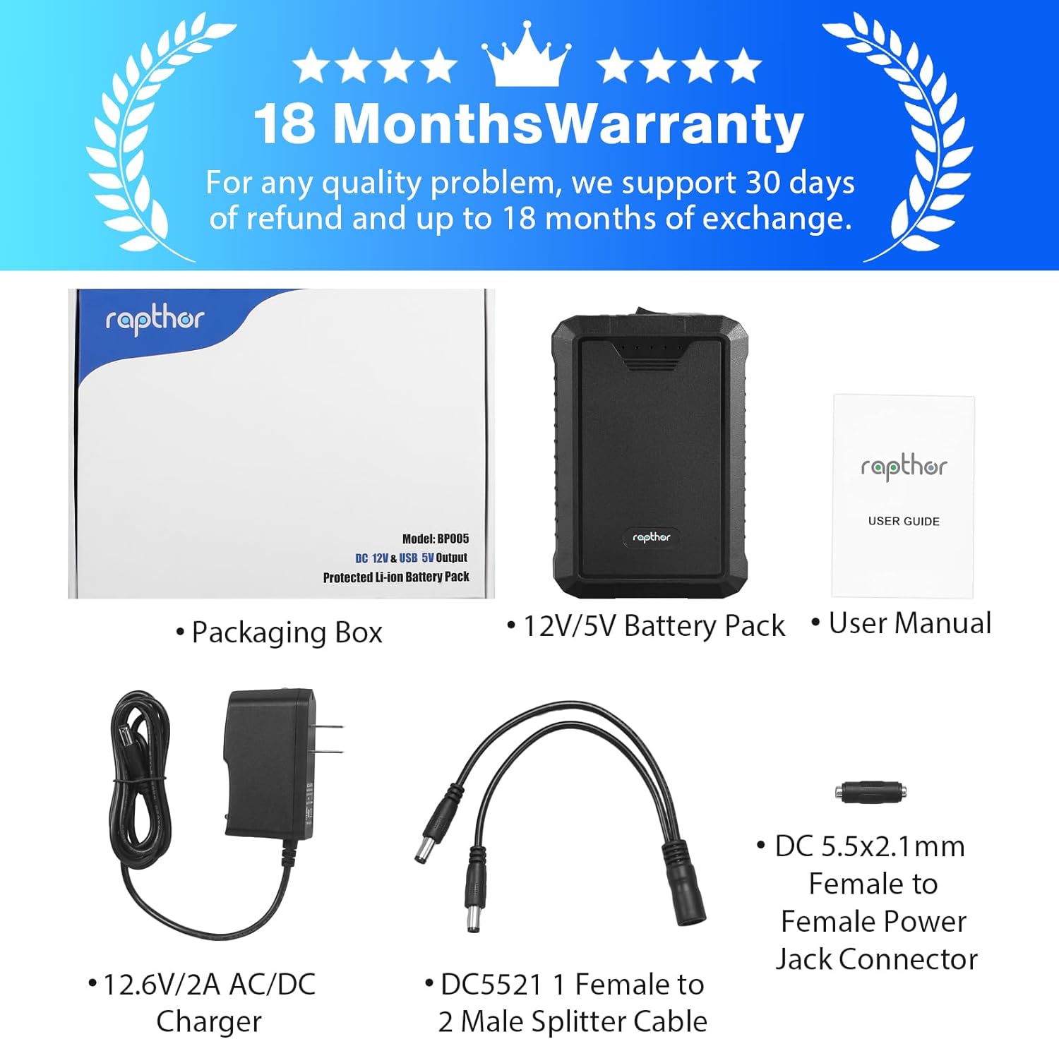 Rapthor Rechargeable 12V 6500mAh / 5V 13000mAh DC Battery Pack with Charger for Heated Jacket, LED Strip Lights, Smart Phones, Tablets, CCTV Camera (Model: BP005)