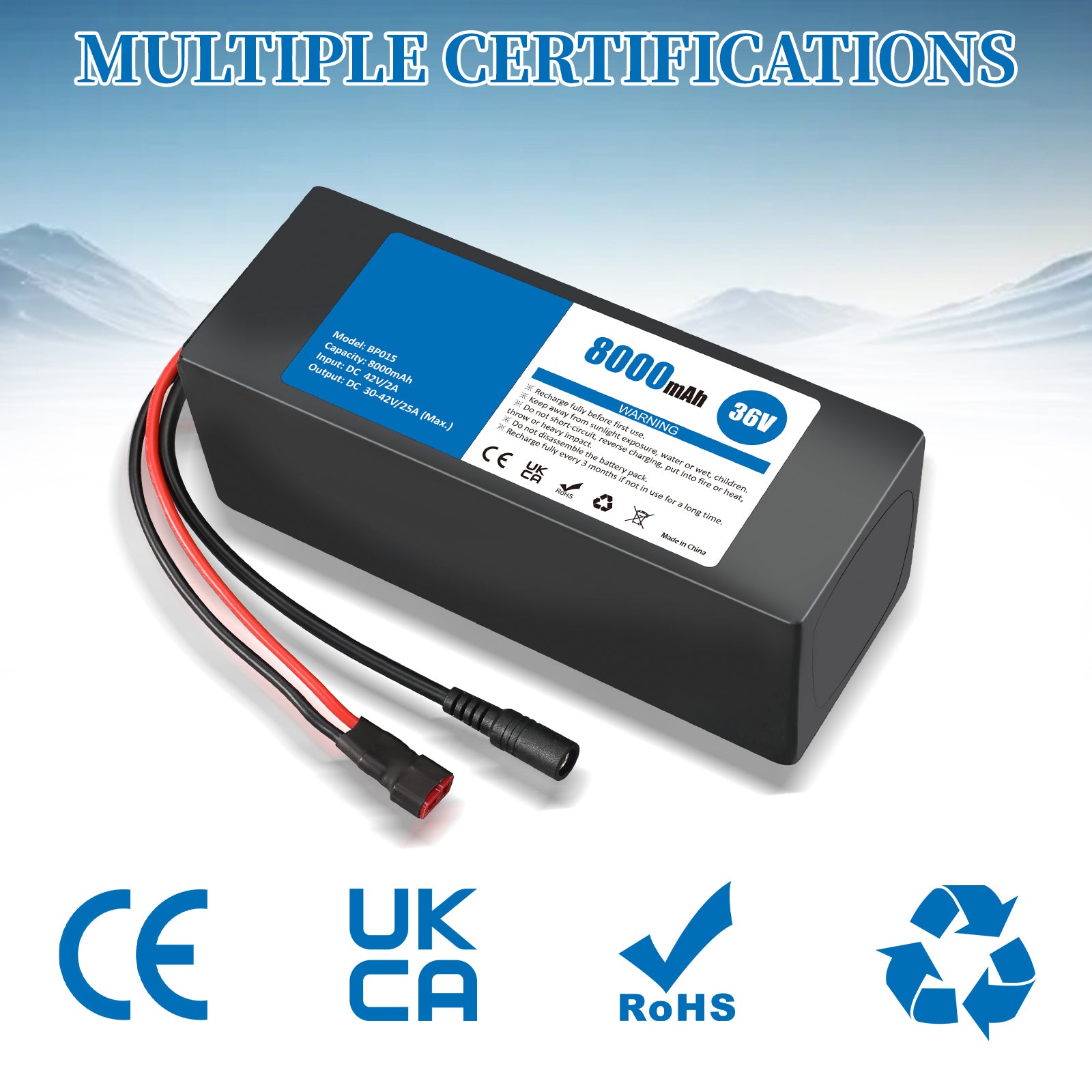 36V 8Ah Lithium-ion Battery Pack for Ebikes & Scooters with 42V 2A Adapter, 25A BMS, Waterproof Design for 100-600W Systems