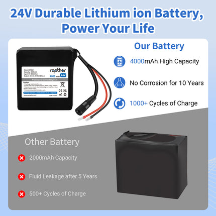 Rapthor 24V 4000mAh Lithium Ion Battery Pack with Charger, Rechargeable 24V Replacement Battery with Built-in BMS Protection for DIY Projects, LED Lights (BP019)