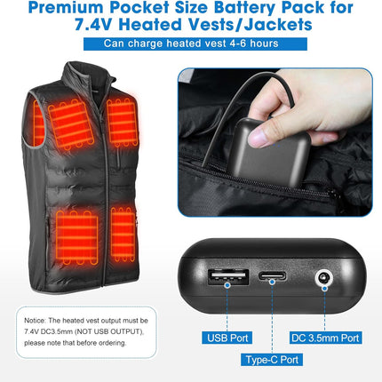 rapthor 5V 10000mAh 2A / 7.4V 5500mAh 3A Battery Pack for Heated Vest/Jackets/Hoodies, Portable Dual Outputs Rechargeable Battery with Charing Cable and Fast Charger for iPhone Android Smart Phones