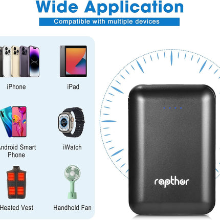 rapthor 5V 10000mAh 2A / 7.4V 5500mAh 3A Battery Pack for Heated Vest/Jackets/Hoodies, Portable Dual Outputs Rechargeable Battery with Charing Cable and Fast Charger for iPhone Android Smart Phones