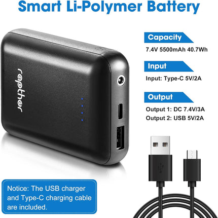 rapthor 5V 10000mAh 2A / 7.4V 5500mAh 3A Battery Pack for Heated Vest/Jackets/Hoodies, Portable Dual Outputs Rechargeable Battery with Charing Cable and Fast Charger for iPhone Android Smart Phones