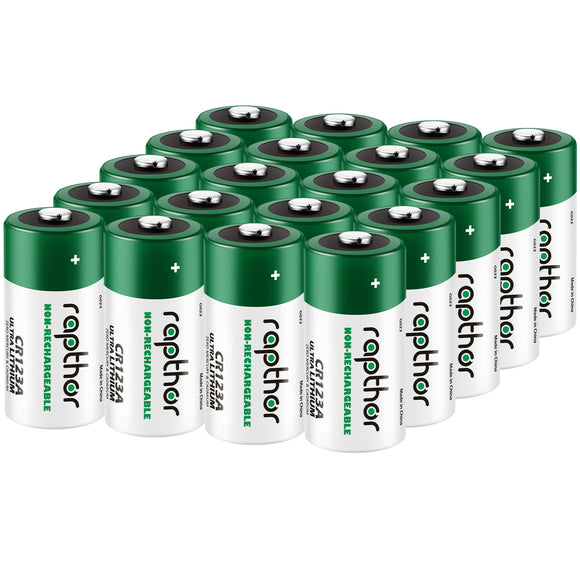 Rapthor 1800mAh CR123A 3V Lithium Batteries CR123 123A CR17345 3 Volt Photo Battery (20 Pack, Non-Rechargeable)