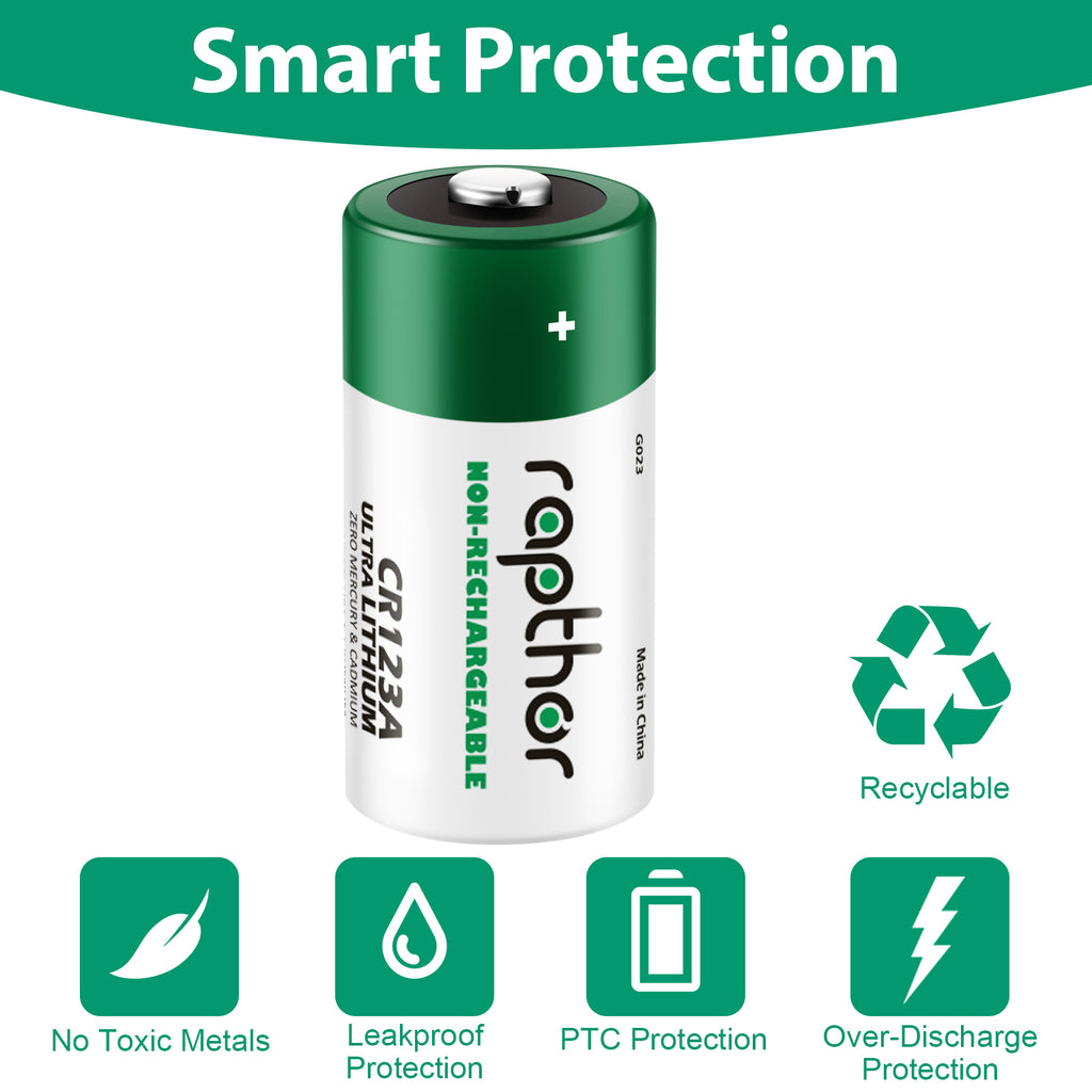 Rapthor 1800mAh CR123A 3V Lithium Batteries CR123 123A CR17345 3 Volt Photo Battery (20 Pack, Non-Rechargeable)