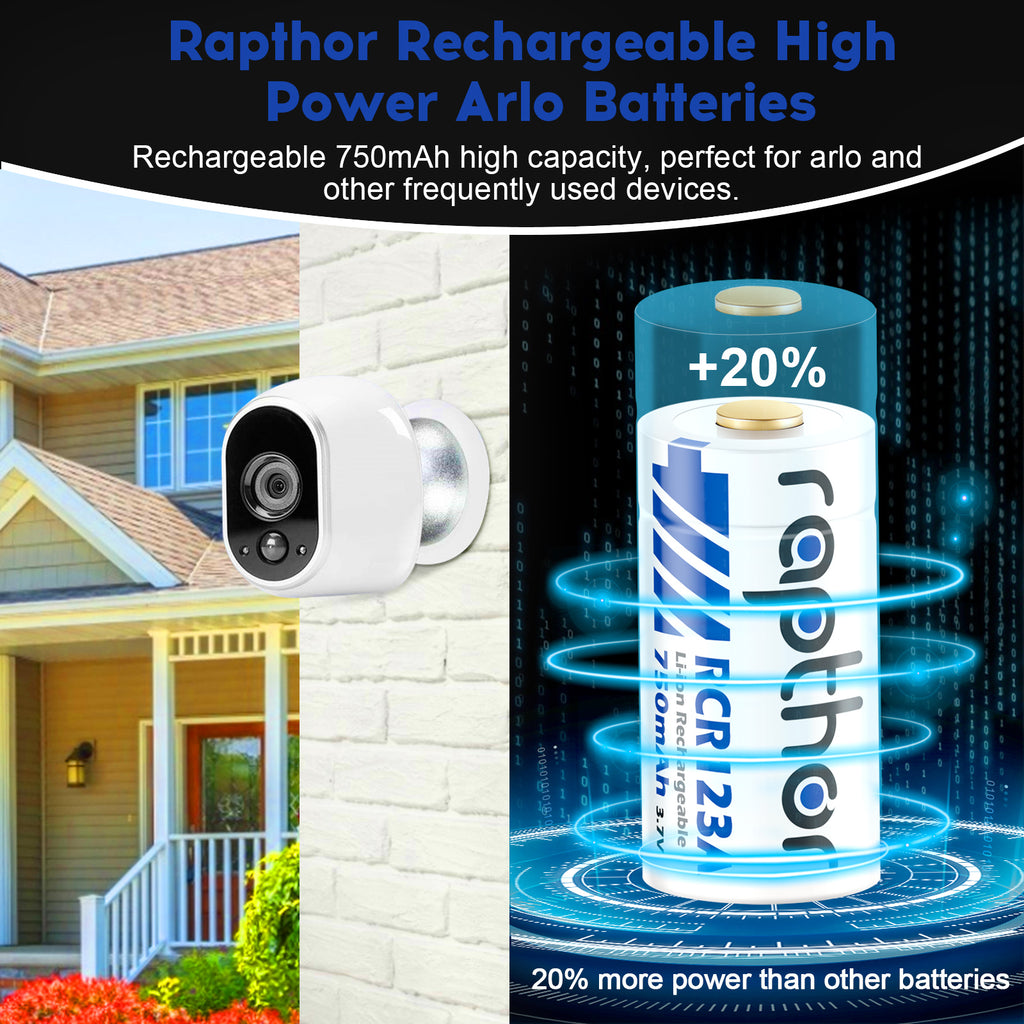 Rapthor 750mAh 3.7V Rechargeable RCR123A / CR123A / CR123 /16340 Batteries for Arlo Camera (4 Batteries)