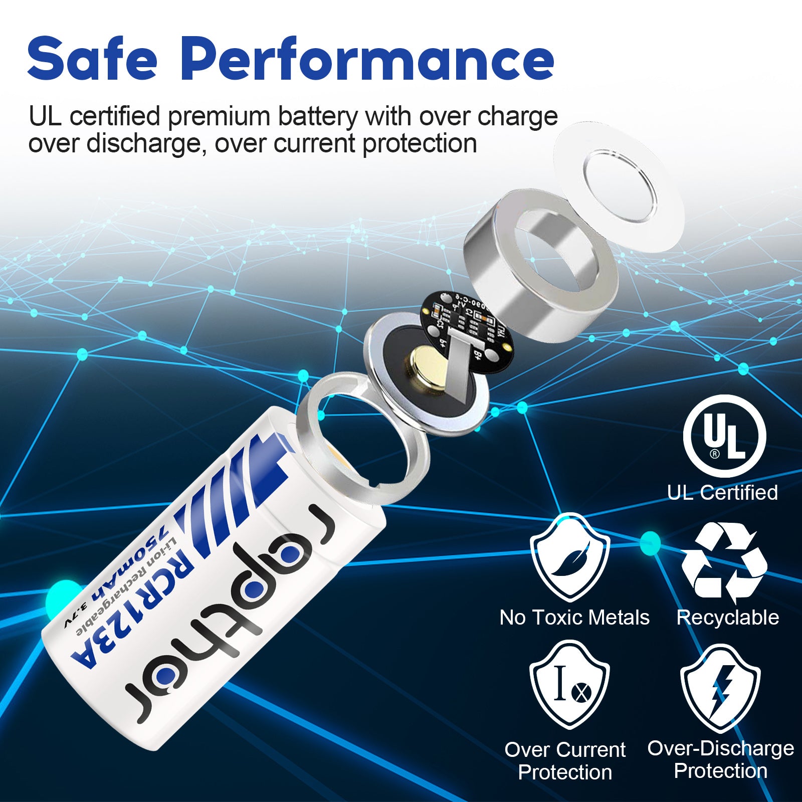 Rapthor 750mAh 3.7V Rechargeable RCR123A / CR123A / CR123 /16340 Batteries for Arlo Camera (4 Batteries)