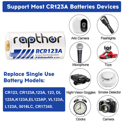 Rapthor 750mAh 3.7V Rechargeable RCR123A / CR123A / CR123 /16340 Batteries for Arlo Camera (4 Batteries)