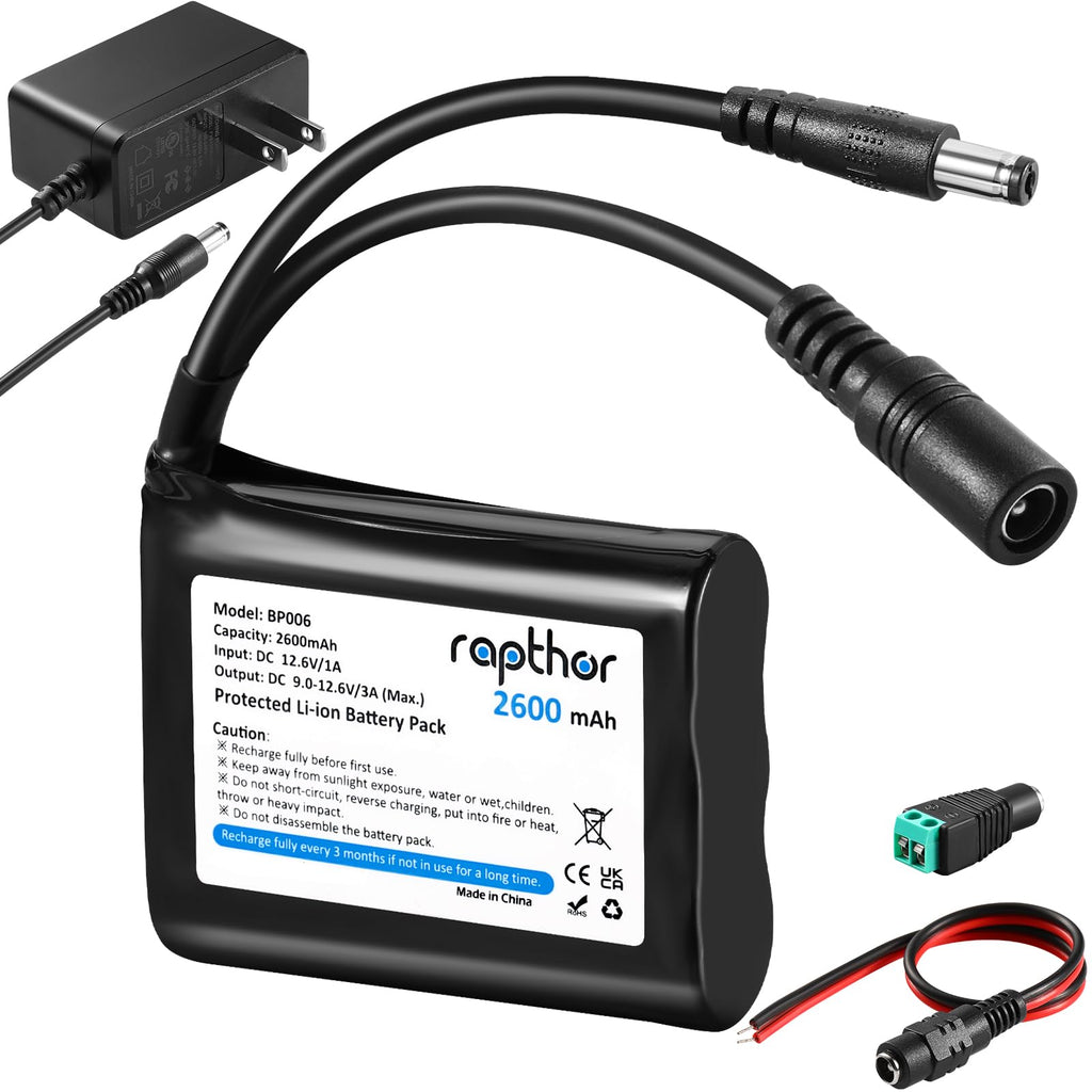 Rapthor Rechargeable 12V 2600mAh Lithium ion Battery Pack with Charger Compatible with 12V Devices, Bike Light, DIY Project, Radio, Fishing Light, LED Light Strip, CCTV Camera (Model: BP006)