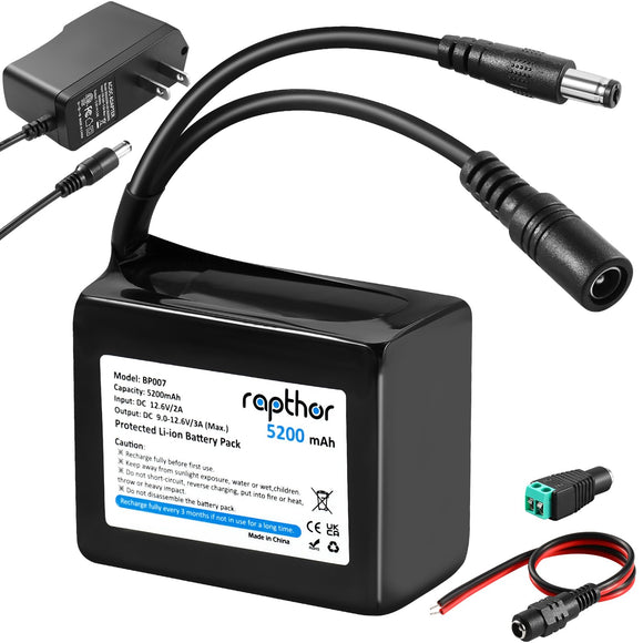 Rapthor Rechargeable 12V 5200mAh Lithium ion Battery Pack with Charger Compatible with 12V Devices, Bike Light, DIY Project, Radio, Fishing Light, LED Light Strip, CCTV Camera