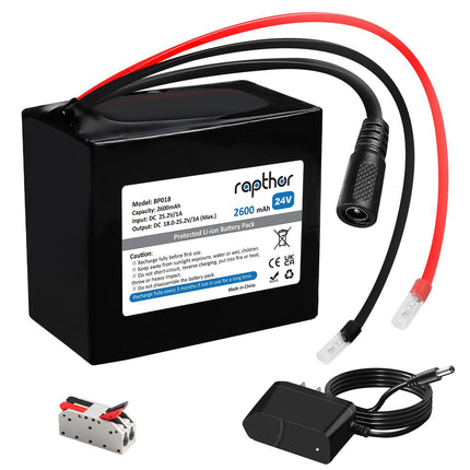 Rapthor 24V 2.6Ah Rechargeable Lithium Battery Pack with Charger, Cable Connector for Power Wheels, Kids Ride On Cars Toys, LED Strips, Small UPS, DIY Projects (Model: BP018)