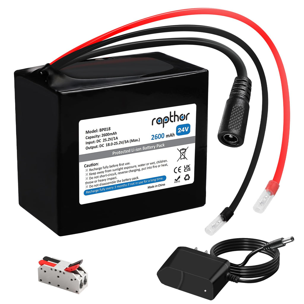 Rapthor 24V 2.6Ah Rechargeable Lithium Battery Pack with Charger, Cable Connector for Power Wheels, Kids Ride On Cars Toys, LED Strips, Small UPS, DIY Projects (Model: BP018)