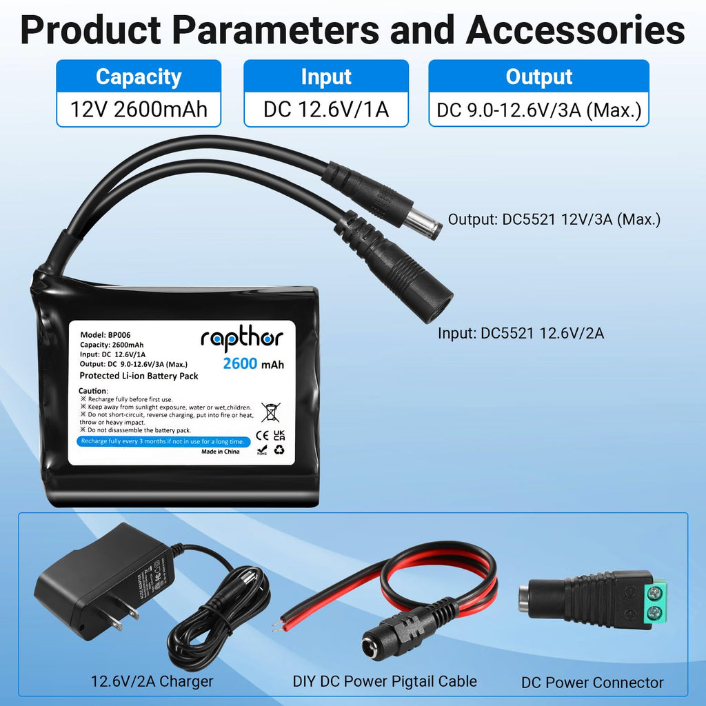 Rapthor Rechargeable 12V 2600mAh Lithium ion Battery Pack with Charger Compatible with 12V Devices, Bike Light, DIY Project, Radio, Fishing Light, LED Light Strip, CCTV Camera (Model: BP006)